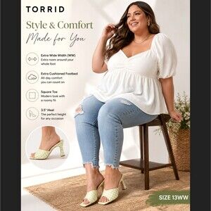 Torrid Square Toe Mule 13WW Wide Kitten Heel Green White Gingham Cottage Picnic